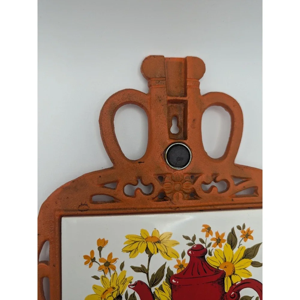 Vintage Orange Cast Iron Trivet‎ Hot Pad Red Teapot Yellow Floral FM Japan